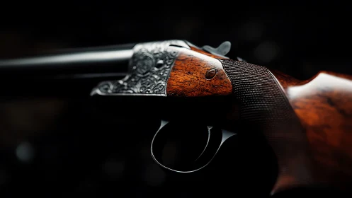 Side-by-side shotgun receiver shows engraved metal and wood