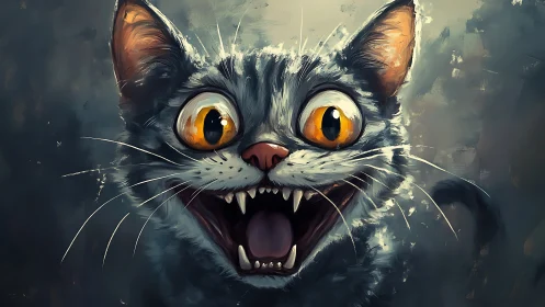 Wide-eyed gray cat with sharp teeth in bold painting