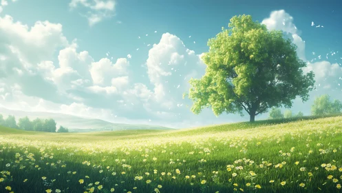 Solitary deciduous tree stands in flowered grassland field