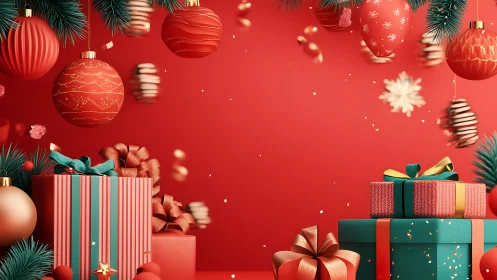 Red holiday backdrop with teal gift boxes and hanging ornaments