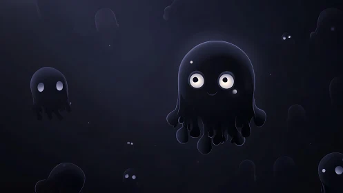 Glowing black cartoon jellyfish in deep dark environment.