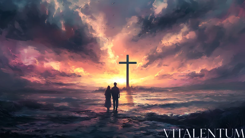 Sunset shore walk toward a glowing cross horizon sky.