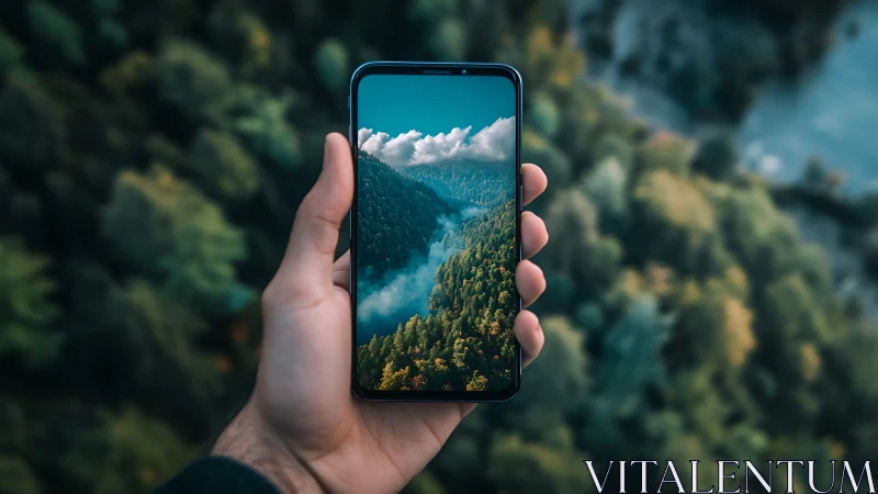 Smartphone frames vivid forest valley against blurred woods.