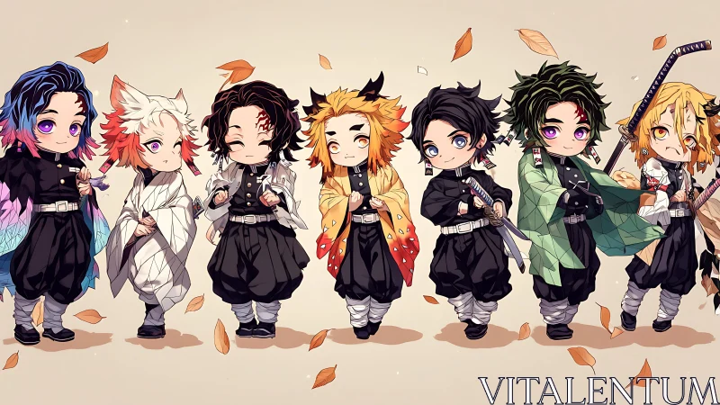 Chibi demon slayers stand united amid softly falling leaves