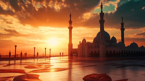 Sunset paints the mosque domes in molten amber reflections