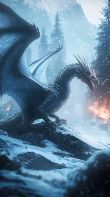 Cryothermal dragon poised in glacial conifer valley flames.
