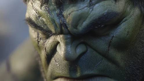 Hyperreal green-skinned humanoid face in extreme close-up focus.