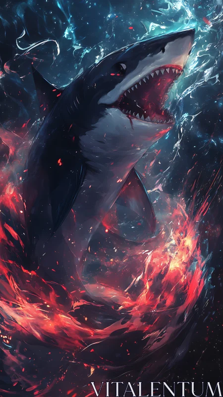 Furious shark erupts through swirling firelit ocean vortex