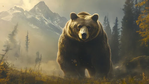 Mountain monarch bear strides through misty golden valley.
