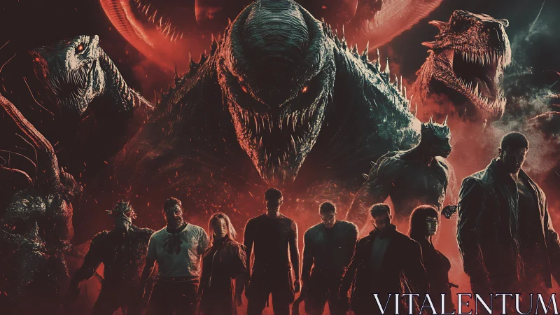 Shadow legion confronts towering hellspawn in crimson dusk.