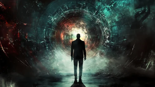 Silhouetted agent confronts glowing circular sci fi portal