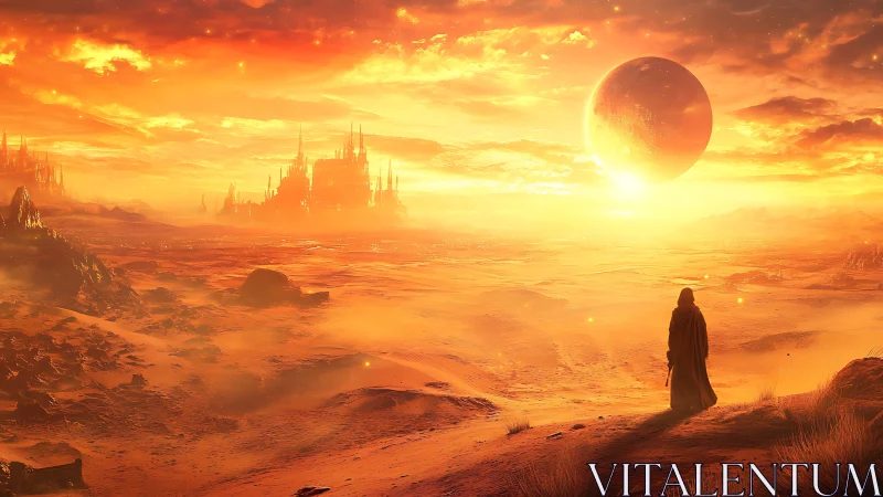 Cloaked figure overlooks alien desert city under glowing planet