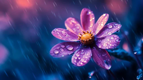 Purple cosmos flower displaying hydrophobic petal surface with photorealistic raindrops