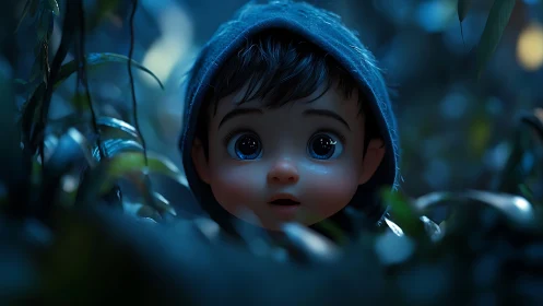 Wide-eyed child in blue hood explores misty moonlit forest.