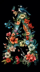 Floral letter A formed by flowers, leaves, and perched birds