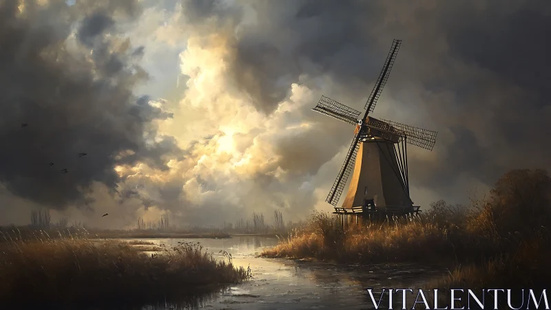 Storm-lit windmill over marshland under dramatic skies.
