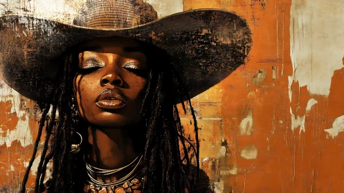 Digital portrait of serene cowgirl against distressed wall.