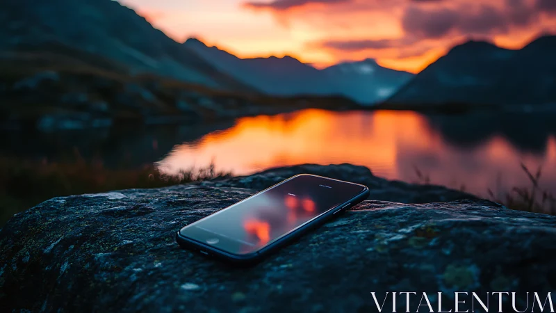 Lonely smartphone quietly mirrors a blazing mountain sunset