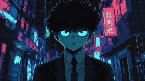 Stoic anime boy dominates neon alley nightscape scene.