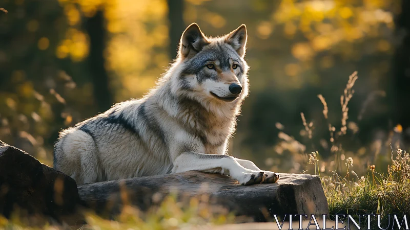 Forest daylight crowns a resting wolf in soft golden bokeh
