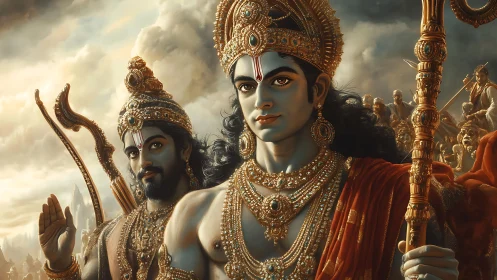 Divine blue warriors in ornate gold armor before battle.