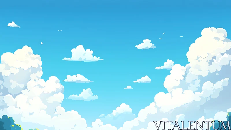 Bright blue sky with fluffy white clouds and small birds.