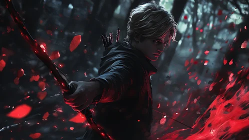 Shadowed archer bends crimson magic into a burning bow.