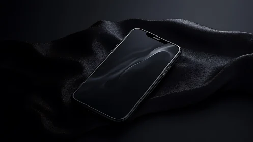 Black smartphone rests on satin fabric under moody lighting.