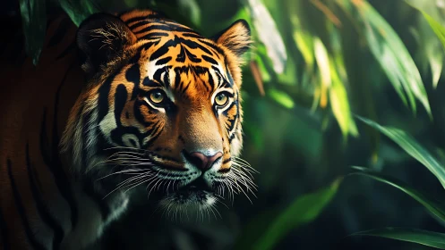 Majestic tiger portrait framed by lush jungle foliage.
