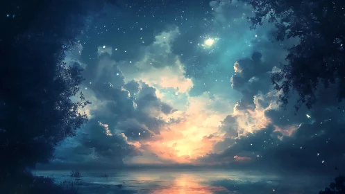 Dreamy twilight sky over a quiet, shimmering shoreline.