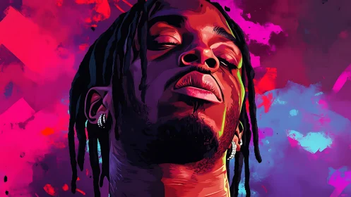 Digital portrait of man with dreadlocks on vivid backdrop.