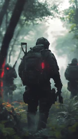 Futuristic soldiers advance through misty forest battlefield.