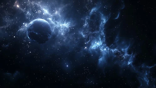 Midnight planet drifting softly through glowing blue starlight.