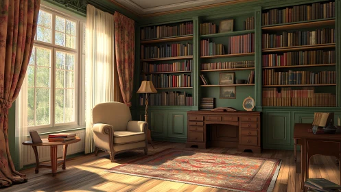 Sunlit traditional home library with armchair and desk.