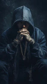 Hooded figure in low key portrait with metallic streetwear focus.