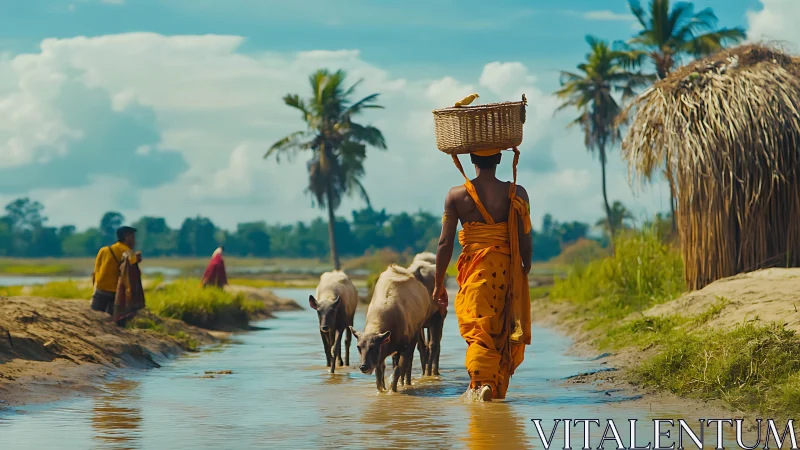Rural woman in sari leading cattle through village waterway, vibrant colors.
