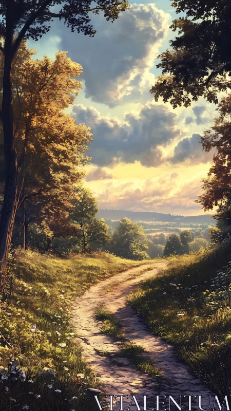 Sunlit country path curls softly toward a dreaming horizon