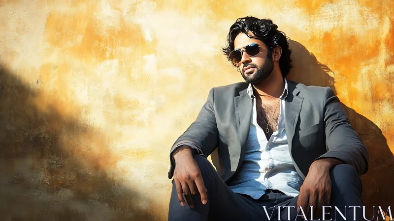 Man in gray suit sitting against textured yellow wall.