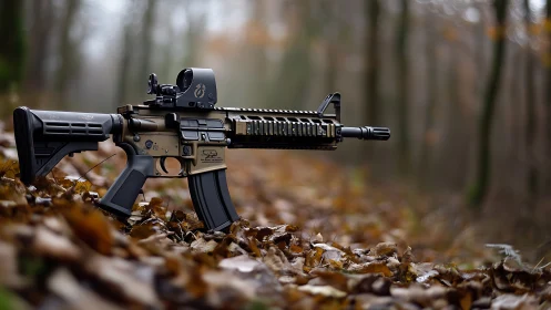 Modern tactical rifle rests quietly on a leaf-strewn forest floor