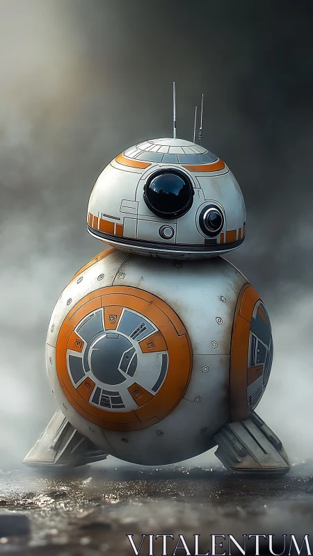 Spherical sci fi droid stands in misty, cinematic light
