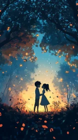 Two Children Share a Magical Moment Under Glowing Trees
