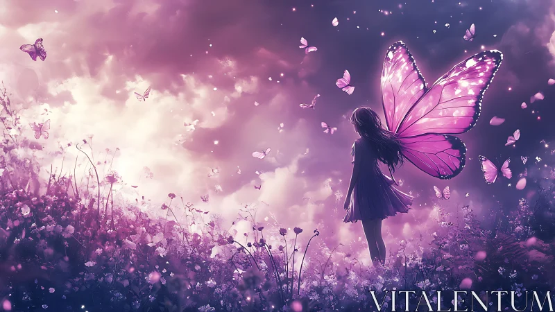 Pink butterfly winged girl in glowing dream meadow at dusk.