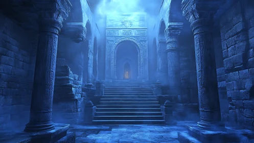 Ancient stone hall rises through mist toward glowing gate