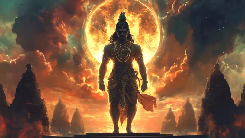 Mythic warrior strides before blazing celestial sun