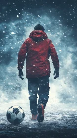 Person in red jacket on snowy field with soccer ball.