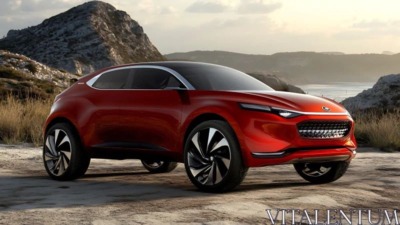 Red futuristic crossover SUV stands on coastal rocky terrain