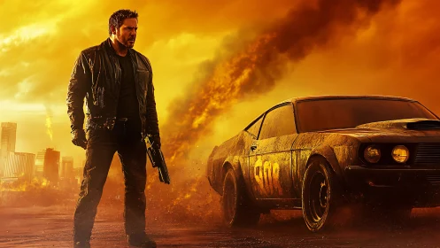 Armed man stands beside sports car in smoke filled cityscape