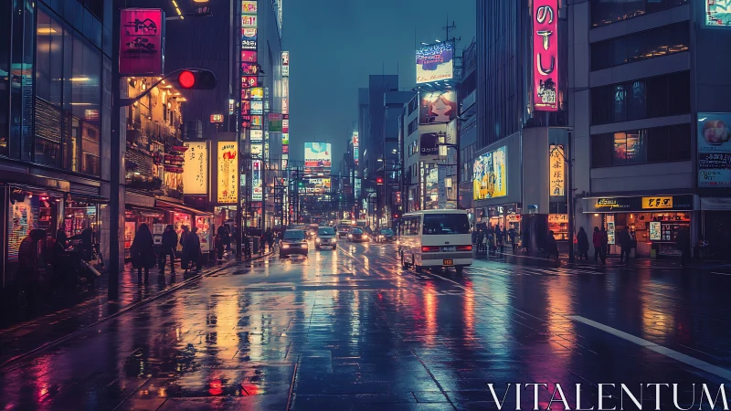 Neon reflections gently brighten a rainy Japanese city street