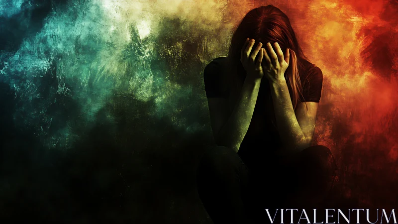 Sad woman in emotional distress, abstract colorful background.