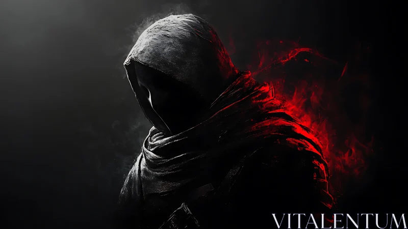 Hooded dark figure in black cloak with red spectral backlight